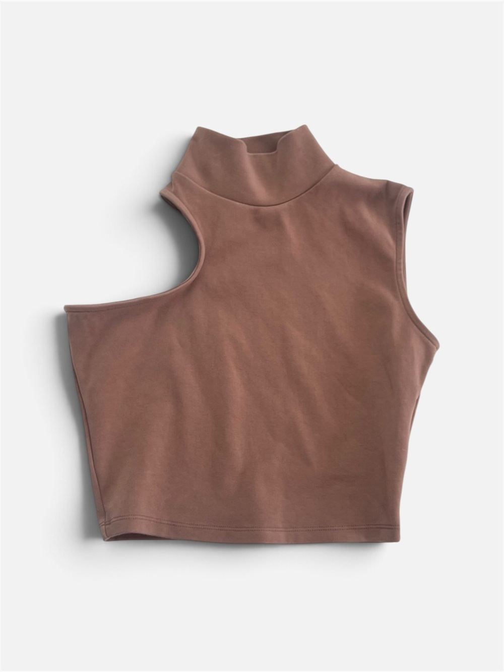 OAK + FORT Asymmetrical One Shoulder Mock Neck Crop Top Taupe XS